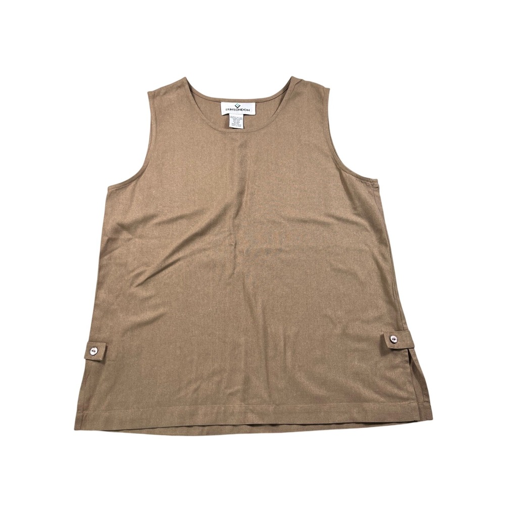 Erin London 100% Silk Tank Top Petite Small Brown Sleeveless Button Tab Blouse